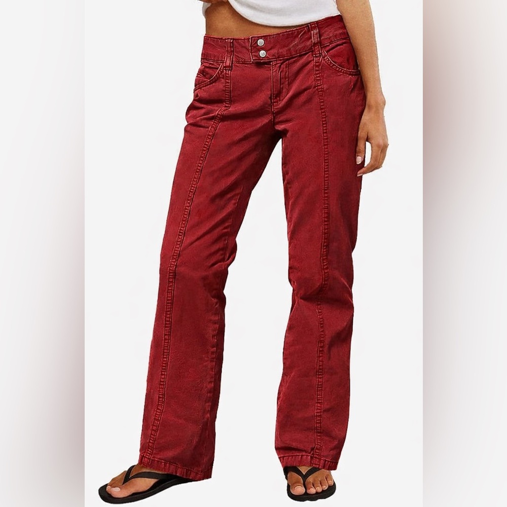 Flamingals Solid Seam Front Mid Rise Straight Leg Jeans Red